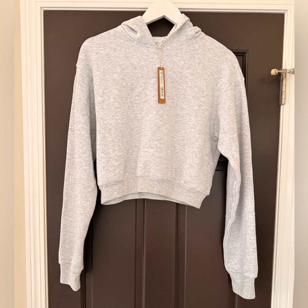 SKIMS Shrunken Cropped Pullover Hoodie Cotton Fleece Medium Light Heathered Grey